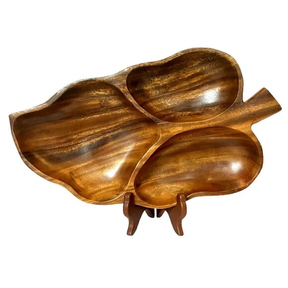 VTG Monkey Pod Wood Leaf Shaped 3 Section Divided Serving Tray/Bowls/Dish-14" - Picture 4 of 16